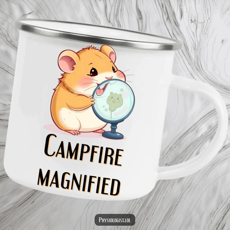 Funny hamster camping mug showing a happy hamster closely inspecting a magnified image on a screen, designed for humorous outdoor observation.