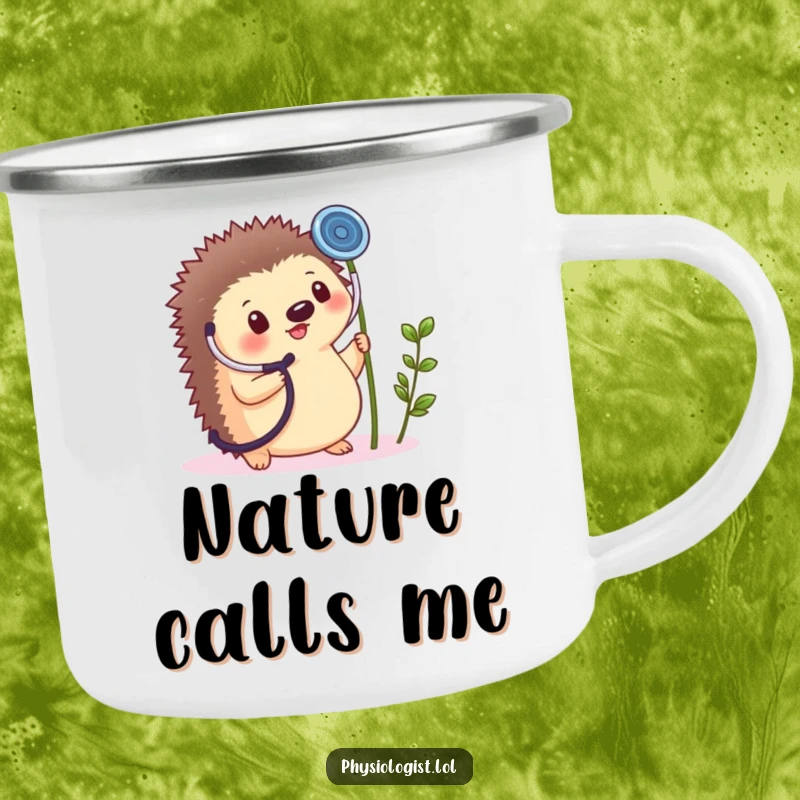 Funny camping mug with a cheerful hedgehog using a giant stethoscope on a tiny plant sprout for outdoor fun.