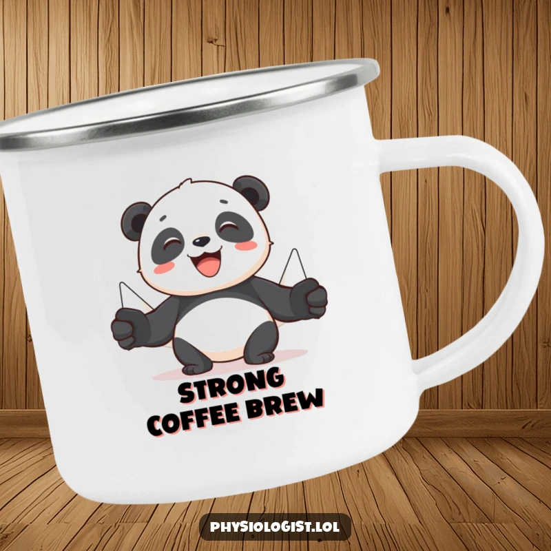 Funny panda camping mug showing a cheerful panda using puppets to demonstrate muscle movement, designed for humorous outdoor fitness.