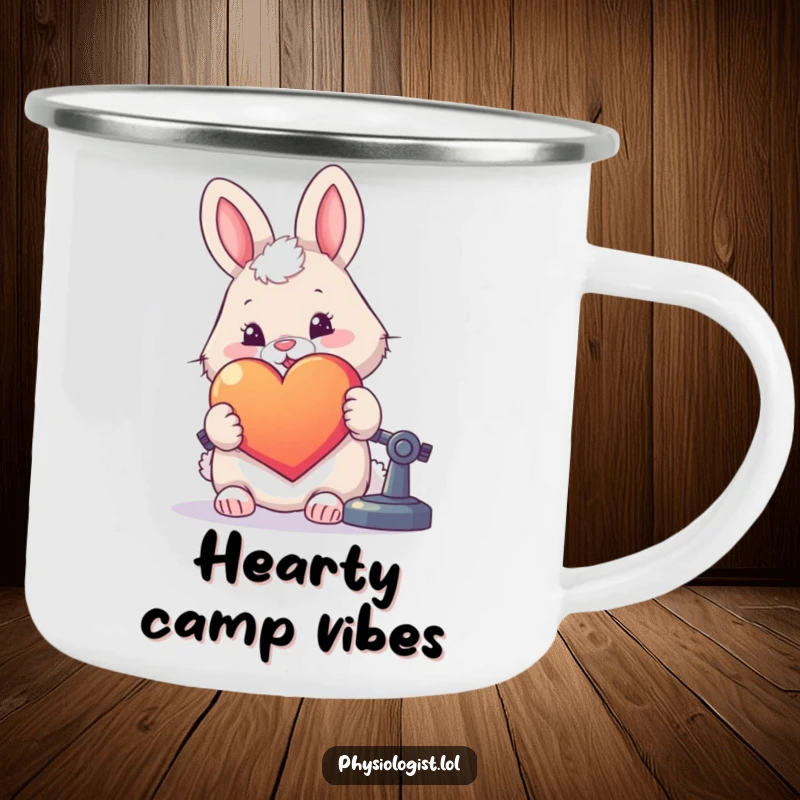Funny camping mug with a fluffy rabbit examining a large, colorful heart under a microscope for outdoor joy.