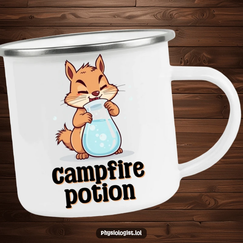 Funny Squirrel Camping Mug: a determined squirrel churns a beaker of bubbly liquid, perfect for outdoor scientists.