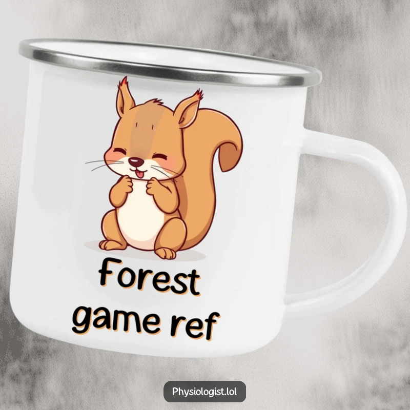 Funny squirrel referee camping mug showing a squirrel counting imaginary fouls, perfect for outdoor sports commentary and humor.