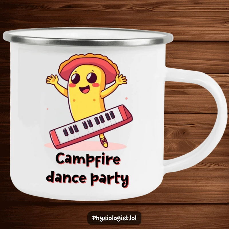 Funny taco dancing salsa on a giant keyboard, on a camping mug, symbolizing humorous outdoor feasts and fun.