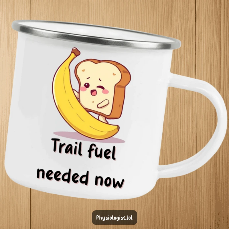 Funny determined toast slice climbing a banana, on a camping mug, symbolizing humorous outdoor endeavors and perseverance.