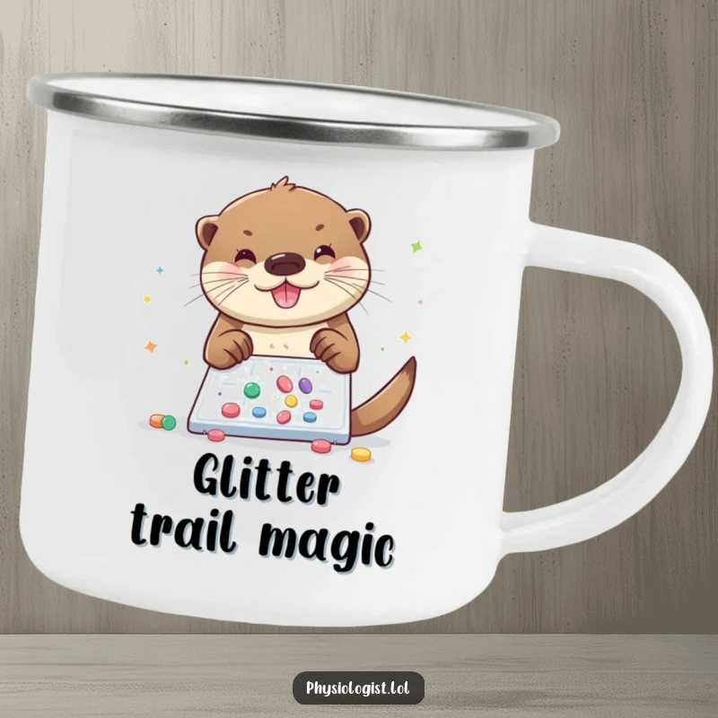 Funny otter camping mug, a durable mug with a cheerful otter sprinkling glitter and pills onto a slide, for magical outdoor moments.