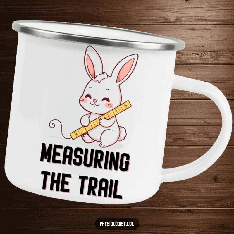 Funny camping mug depicting a busy rabbit diligently measuring a wiggly line with a ruler, perfect for humorous outdoor hydration.