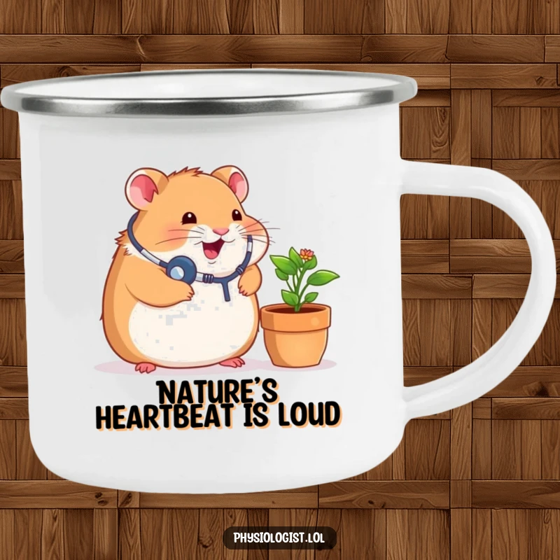 Funny camping mug with a chubby hamster doctor examining a potted plant with a stethoscope, ideal for outdoor enthusiasts and nature lovers.