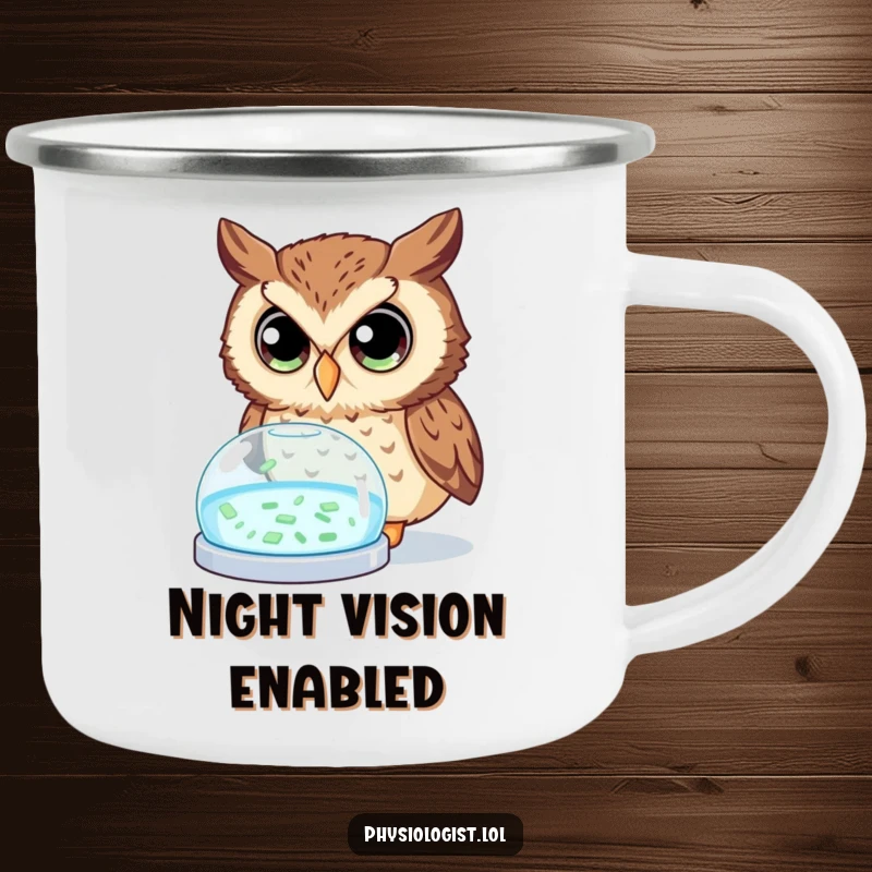 Funny owl camping mug showing a curious owl with wide eyes studying a glowing petri dish, designed for humorous outdoor exploration.