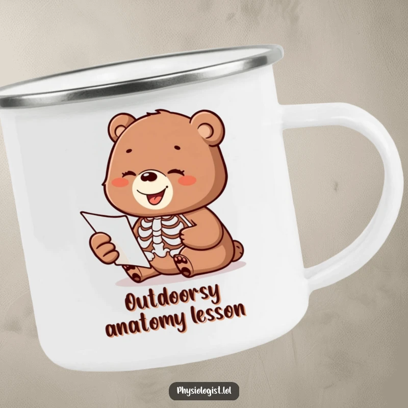 Funny camping mug showcasing a happy bear cub bewildered by a skeleton anatomy diagram, for outdoor laughs.