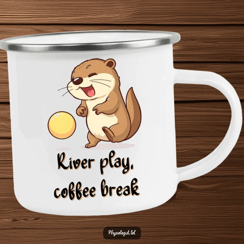 Funny otter camping mug with an energetic otter smashing a ball, perfect for adventures and humor.
