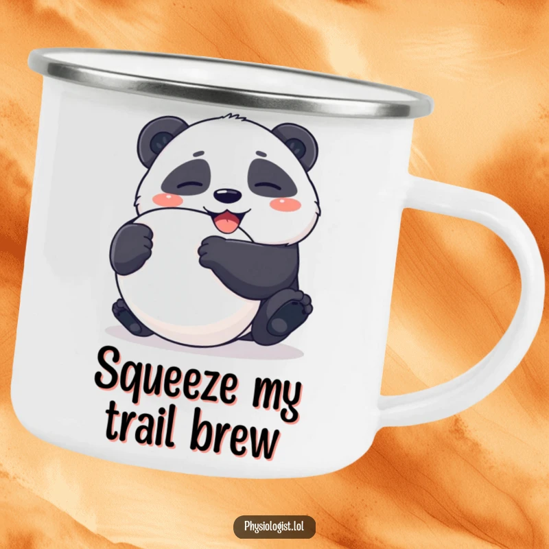 Funny Camping Mug: Giggling panda character squeezes an ambiguously shaped stress ball, bringing humor to outdoor adventures.