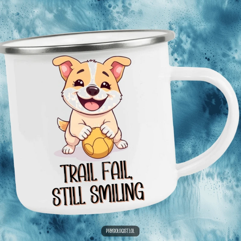 Funny Dog Camping Mug: A durable enamel mug with a funny depiction of a dog slipping on a ball, ready for outdoor laughs.