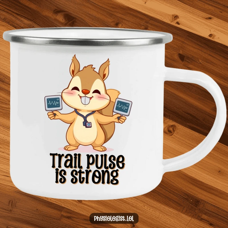 Funny squirrel EKG camping mug showcasing a happy squirrel juggling EKG strips, perfect for outdoor use and bringing humor to your campsite, a great gift.