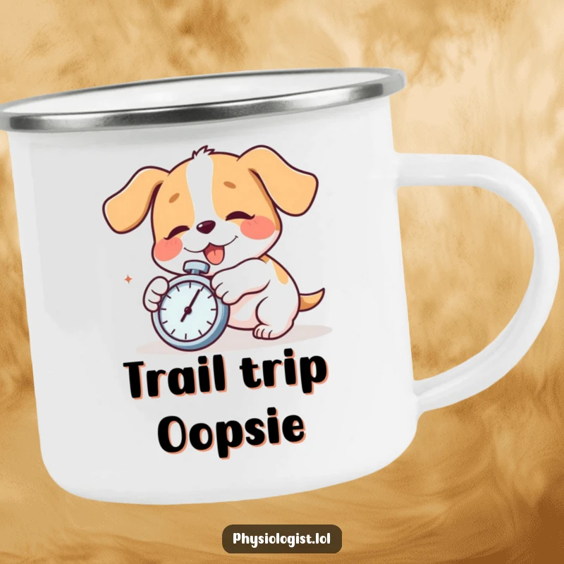 Funny dog tripping with a stopwatch on a camping mug, showcasing outdoor humor. A great funny gift for adventurers.