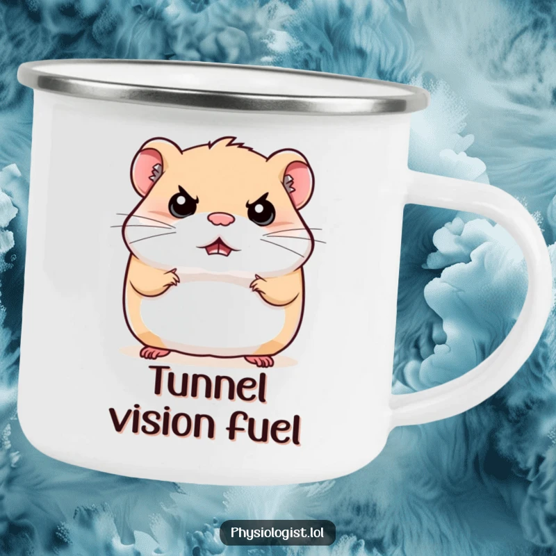 Funny stern hamster camping mug, a hamster bouncing with a serious expression, enamel for outdoor use.