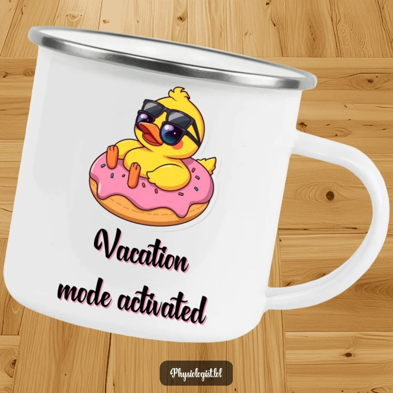 Funny rubber ducky in sunglasses lounging on a donut, on a durable camping mug, ideal for humorous outdoor adventures.
