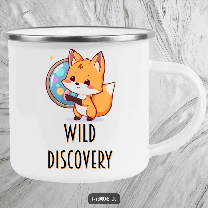 Funny fox biologist camping mug with a small fox excitedly pointing to a magnified cell with bright, colorful organelles, for outdoor science.