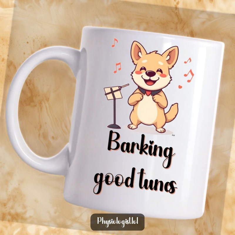 Funny dog conductor mug with a smiling, happy dog enthusiastically leading an invisible orchestra with its paws, full of joy.