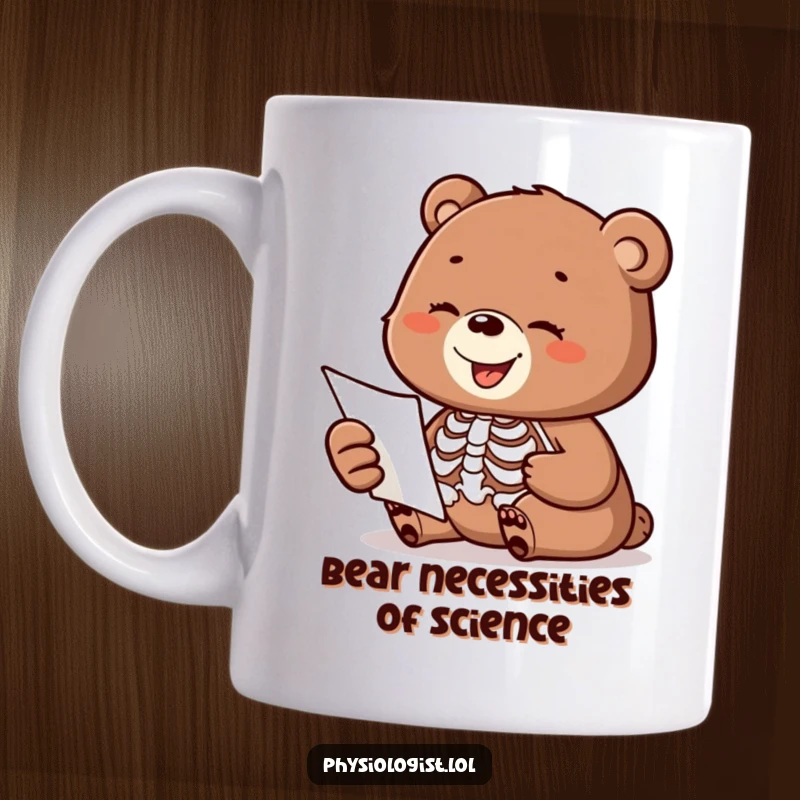 Funny bear cub mug examining a moving skeleton anatomy diagram with a confused, happy expression, perfect for a funny gift.