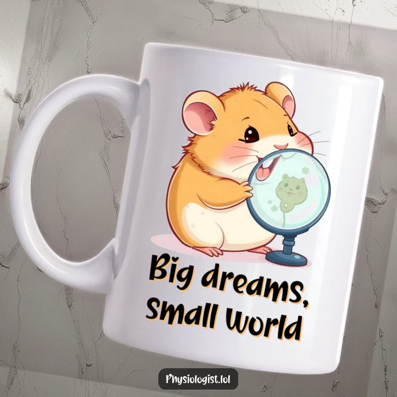 Funny hamster mug showing a happy hamster closely inspecting a magnified image on a screen, highlighting tech enthusiasm humorously.