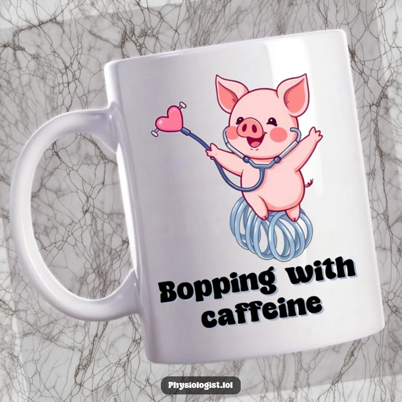 Funny piglet mug, a happy pink piglet energetically bounces on a giant spring holding a stethoscope, exuding joy.