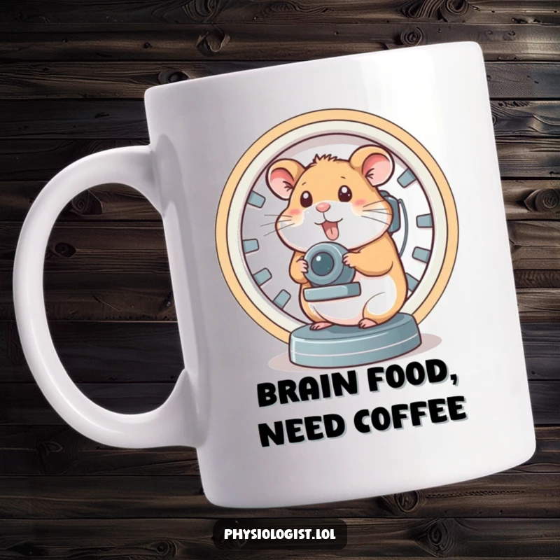 Funny brain scanner hamster mug, a cute hamster actively operating a complex brain scanning machine with humorous intensity.