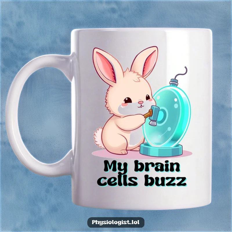 Funny bunny mug, a curious fluffy bunny taps a glowing cell model with a tiny hammer, exploring science with humor.