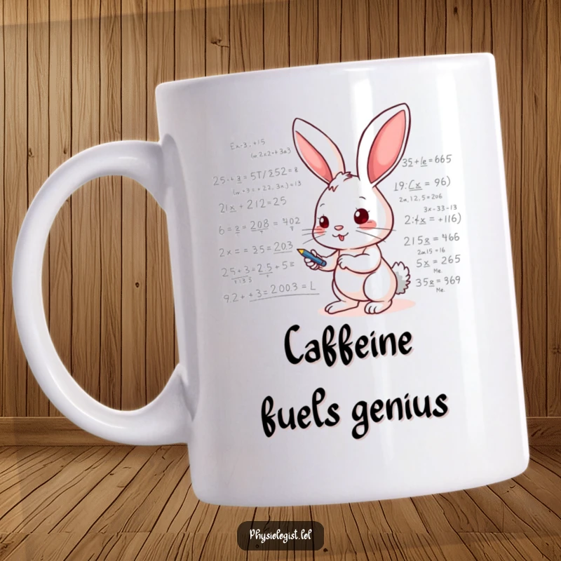 Funny mug showcasing an energetic bunny rabbit scribbling complex mathematical equations and scientific formulas on a whiteboard with intense focus.