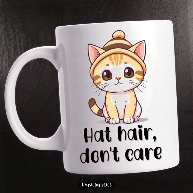 Funny curious cat wearing a small, striped hat, looking inquisitive. A charming funny gift for cat enthusiasts.