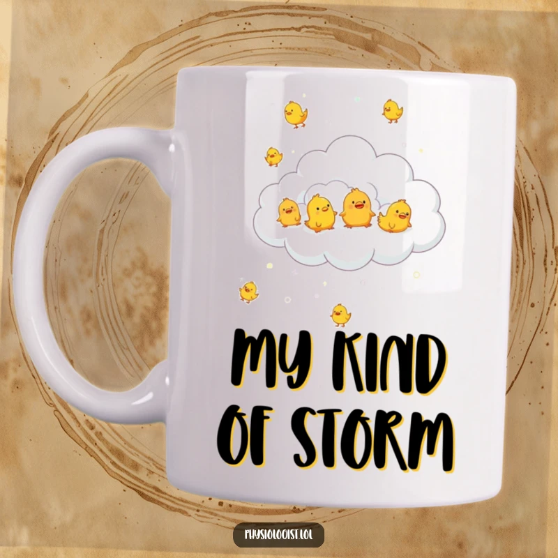 Funny fluffy cloud raining tiny bouncing rubber chickens mug, symbolizing whimsical chaos and lighthearted fun.