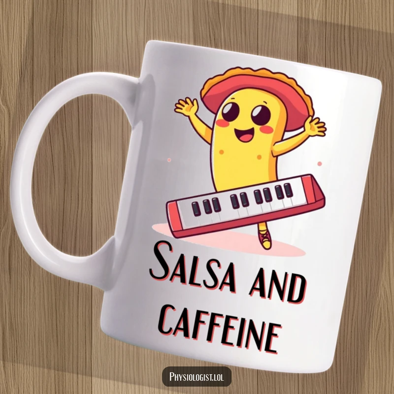 Funny dancing taco performing a salsa on a giant keyboard mug, symbolizing culinary rhythm and tech-themed humor.