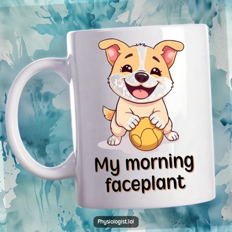 Funny Dog Mug: A smiling dog comically slipping on a round ball, looking surprised and happy, capturing a moment of pet silliness.