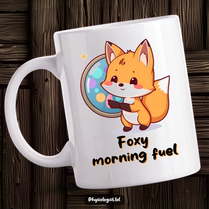 Funny small fox mug, excitedly pointing to a magnified cell with bright, colorful organelles, celebrating biology and curiosity.