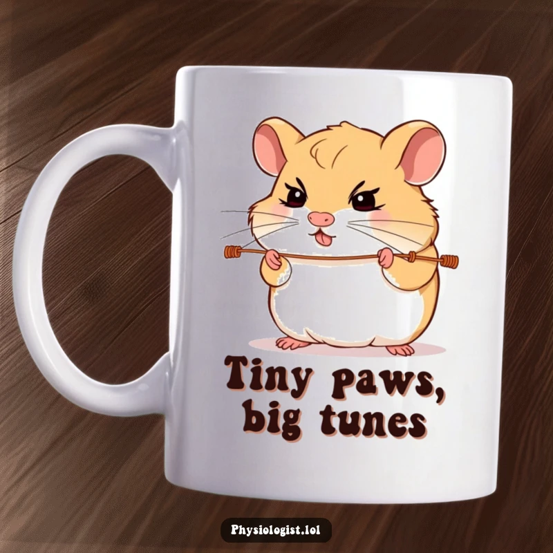 Funny hamster guitar mug showing a determined hamster with intense focus, playing strings on a tiny guitar, embodying musical passion.