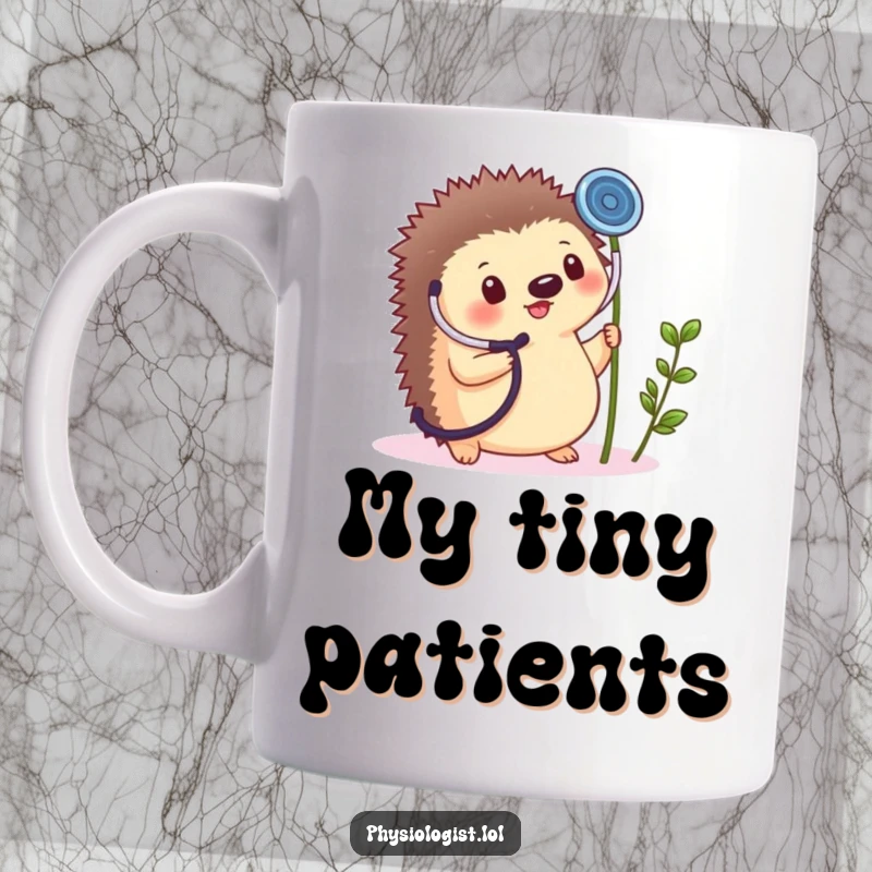 Funny small, round hedgehog cheerfully holding a giant stethoscope up to a tiny plant sprout on a mug.