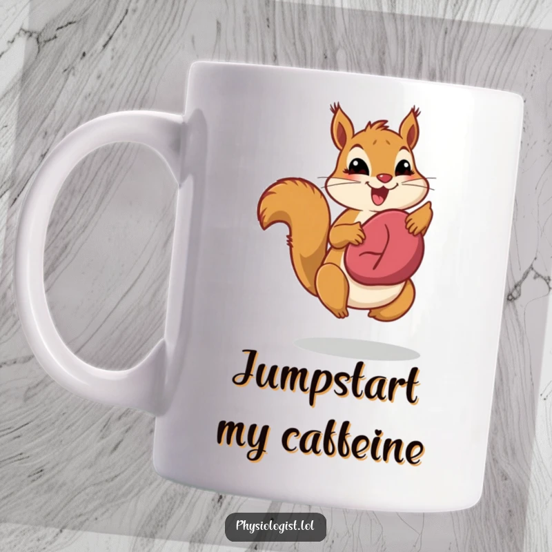 Funny liver health squirrel mug, depicted mid-jump, proudly displaying a vibrant, healthy liver with energetic humor.