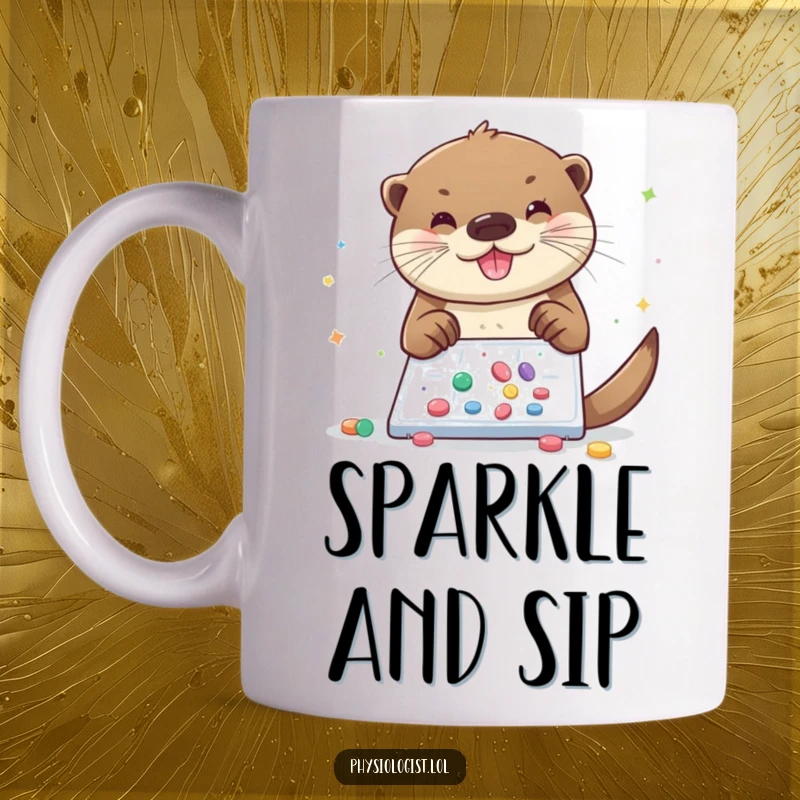 Funny otter mug, a cheerful otter sprinkles glitter and tiny pills onto a microscopic slide, creating a magical scientific display.