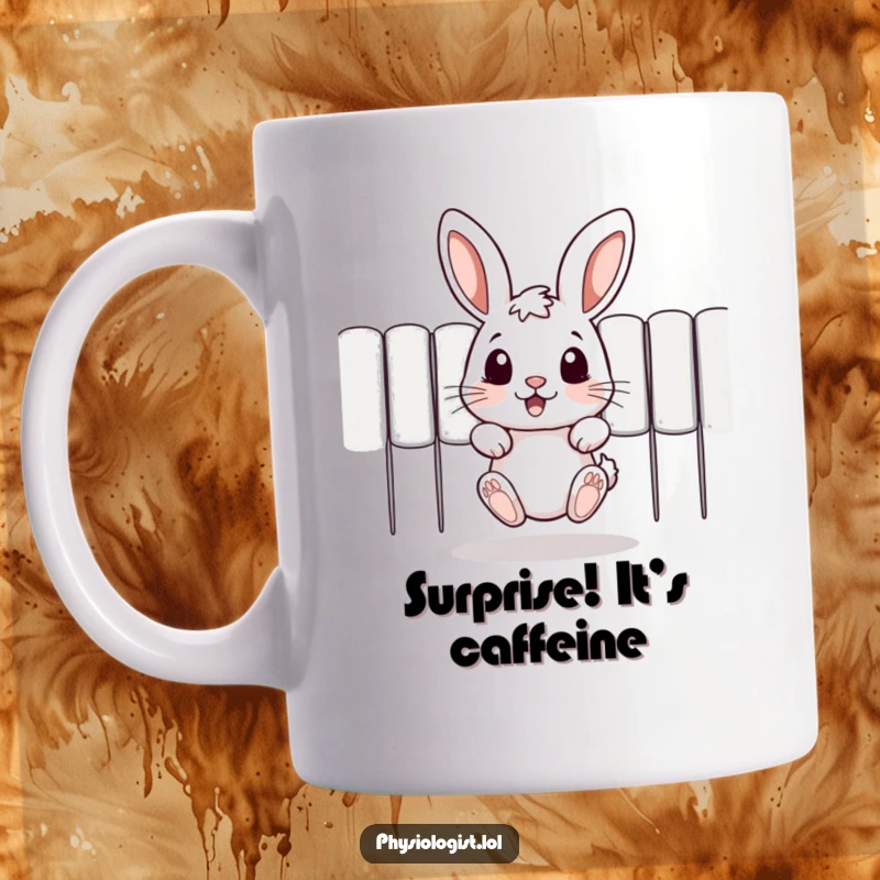 Funny mug with a cute jumping rabbit peeking playfully from behind a hidden barrier in a humorous surprise.