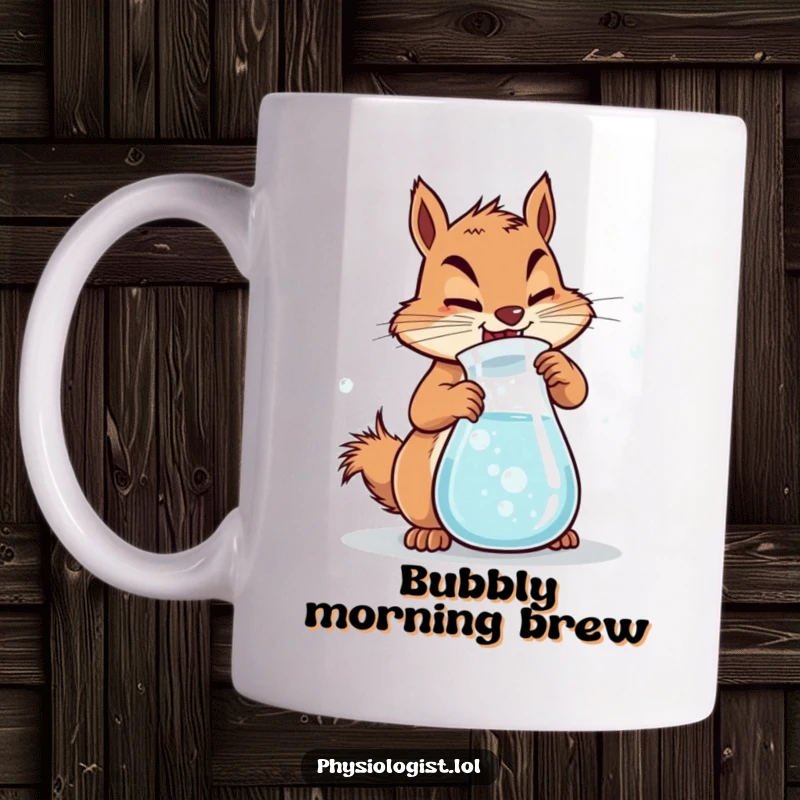Funny Squirrel Chemist Mug depicting a determined squirrel vigorously churning a beaker of bubbly liquid with enthusiasm.