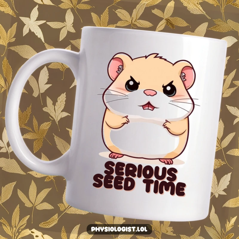 Funny stern hamster mug, a hamster bouncing with a very serious expression, humorous pet owner gift.