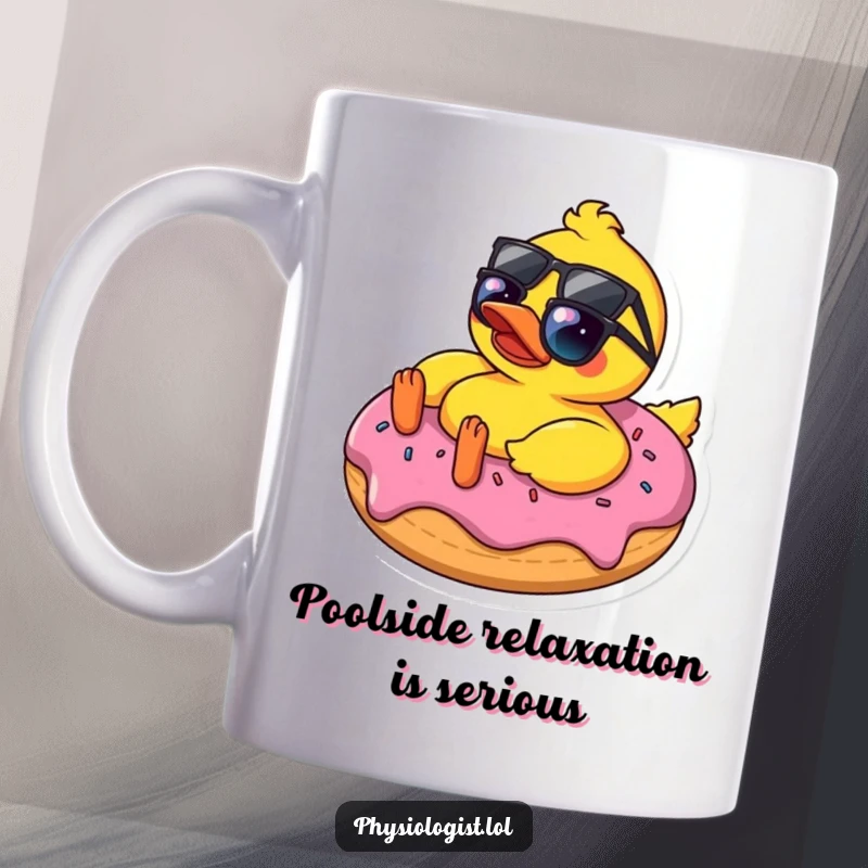 Funny sunglasses duck lounging on a donut mug, symbolizing ultimate relaxation and a quirky, hilarious personality.
