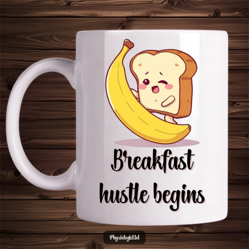 Funny determined slice of toast attempting to climb a banana mug, symbolizing perseverance and breakfast-related humor.