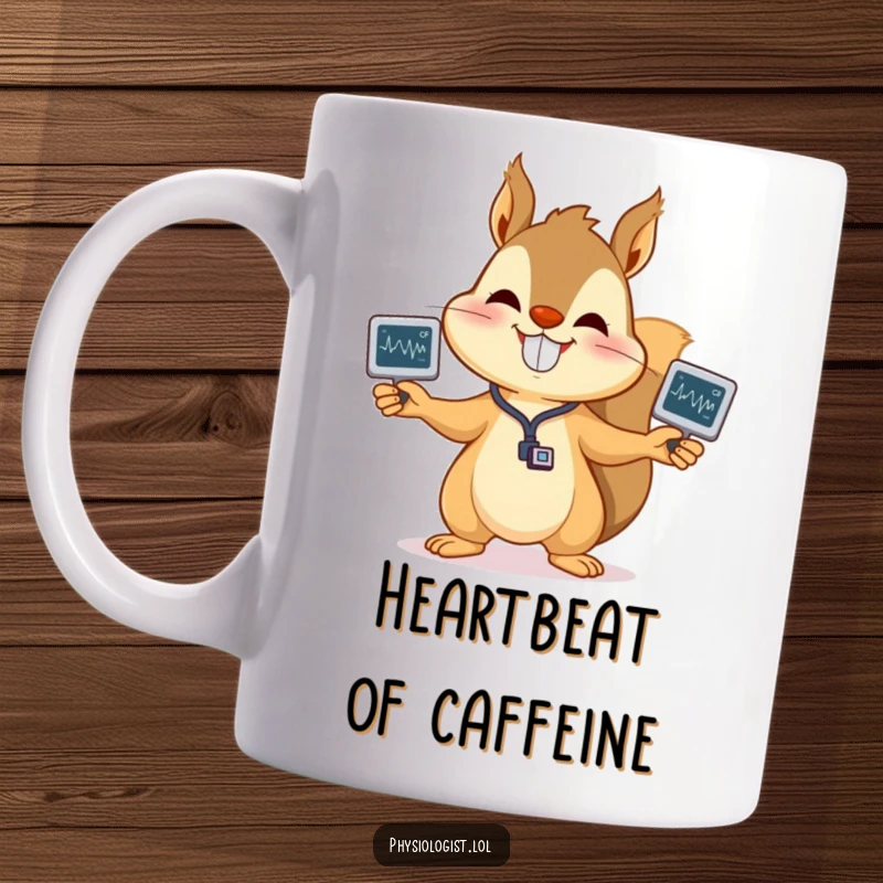 Funny squirrel mug with a happy grin juggling miniature EKG strips, perfect for healthcare professionals and animal lovers, a humorous gift.