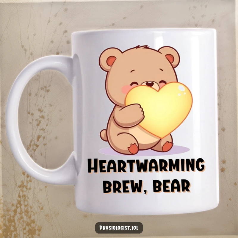 Funny happy bear examining a glowing oversized heart with care, a heartwarming and humorous mug.