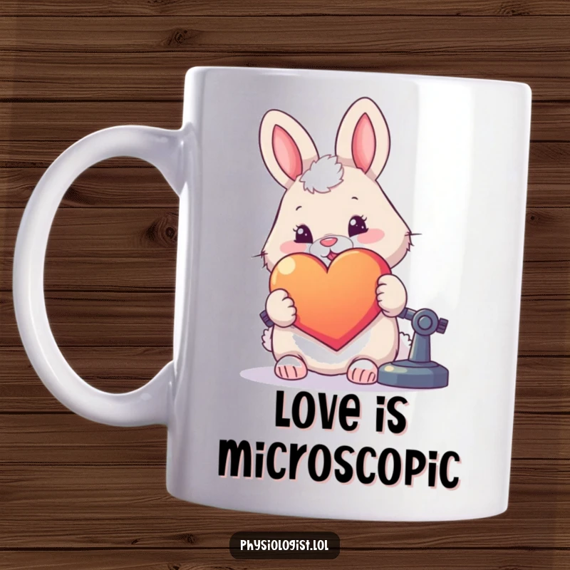 Funny cartoon rabbit happily examining a brightly colored, oversized heart under a microscope on a mug.