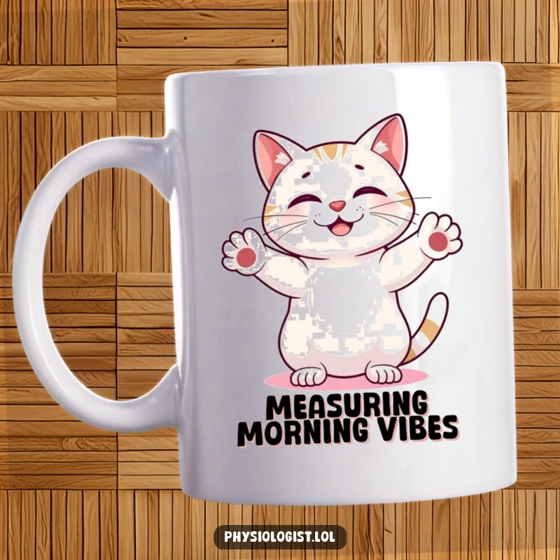 Funny Cat Scientist Mug: Smiling cat measuring an abstract glowing shape with its paws, a whimsical and humorous art piece.