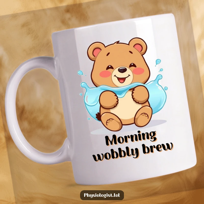 Funny smiling bear mug demonstrating fluid balance by jiggling with wobbly blue liquid, promoting hydration humor.