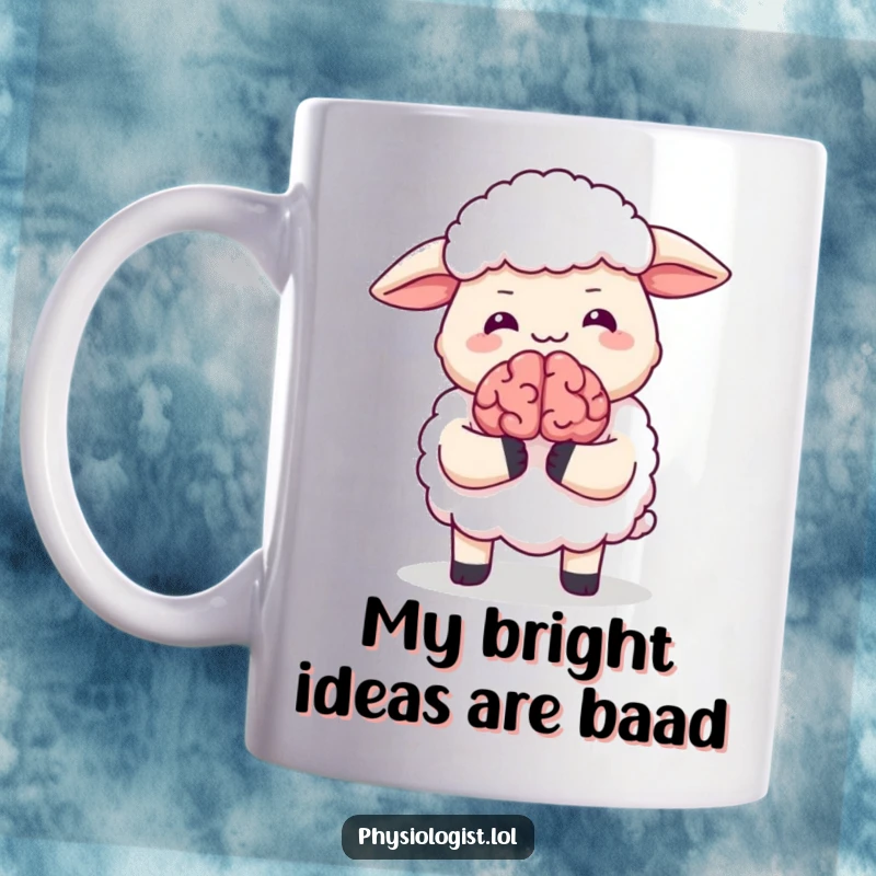 Funny mug showing a giggling sheep proudly holding a small, animated brain, radiating pure, whimsical joy and humor.