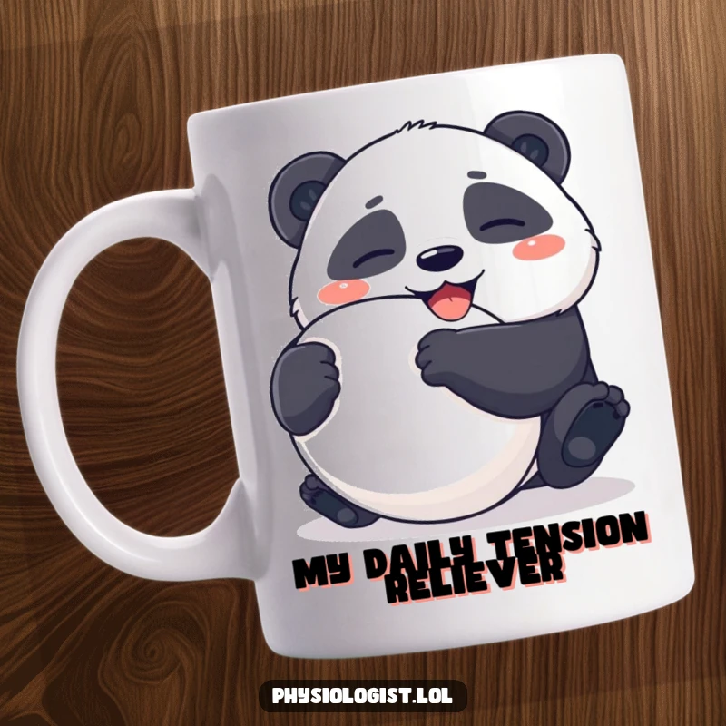 Funny Mug: Giggle-filled panda character joyfully squeezing a large, ambiguously shaped stress ball, bringing comic relief.