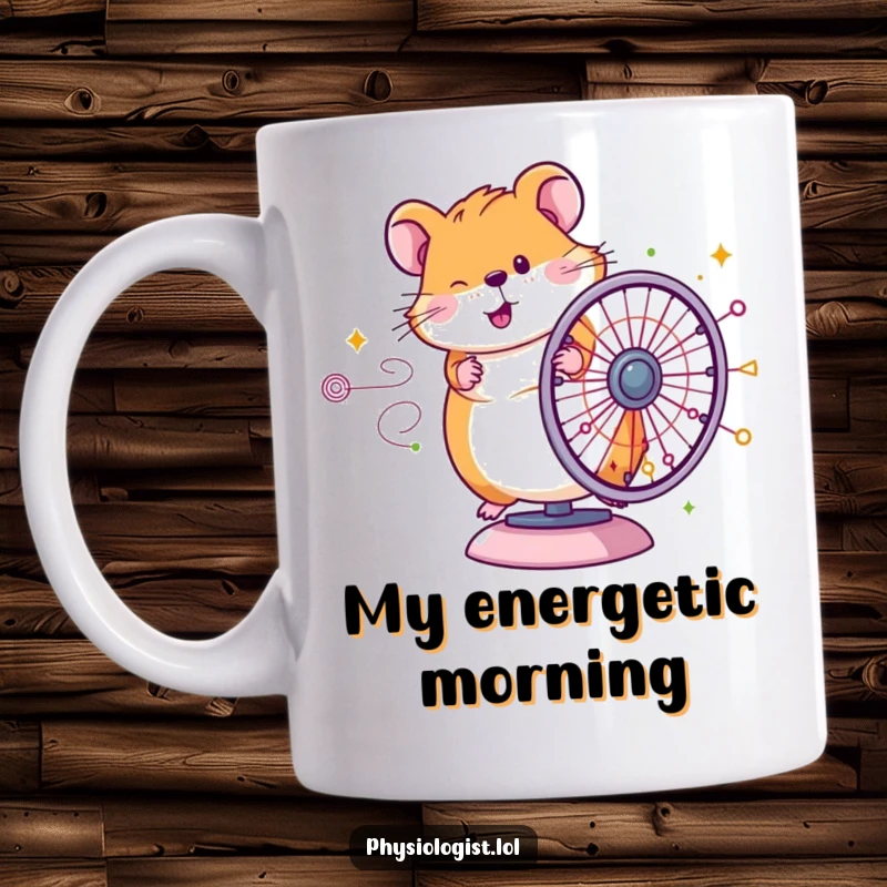 Funny Hamster Genius Mug: Happy hamster spinning a complex, colorful diagram wheel, a humorous depiction of productivity and intelligence.